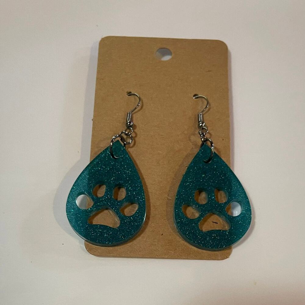 Handmade‎ epoxy resin paw print earrings - teal green shimmer